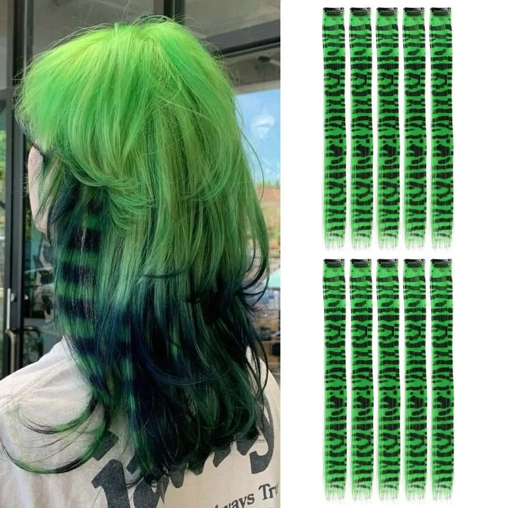 10pcs/set Stripe Printed Hair Colorful Long Straight Hair Pieces Synthetic Clip-in Hair Extensions for Daily Use Party Christmas