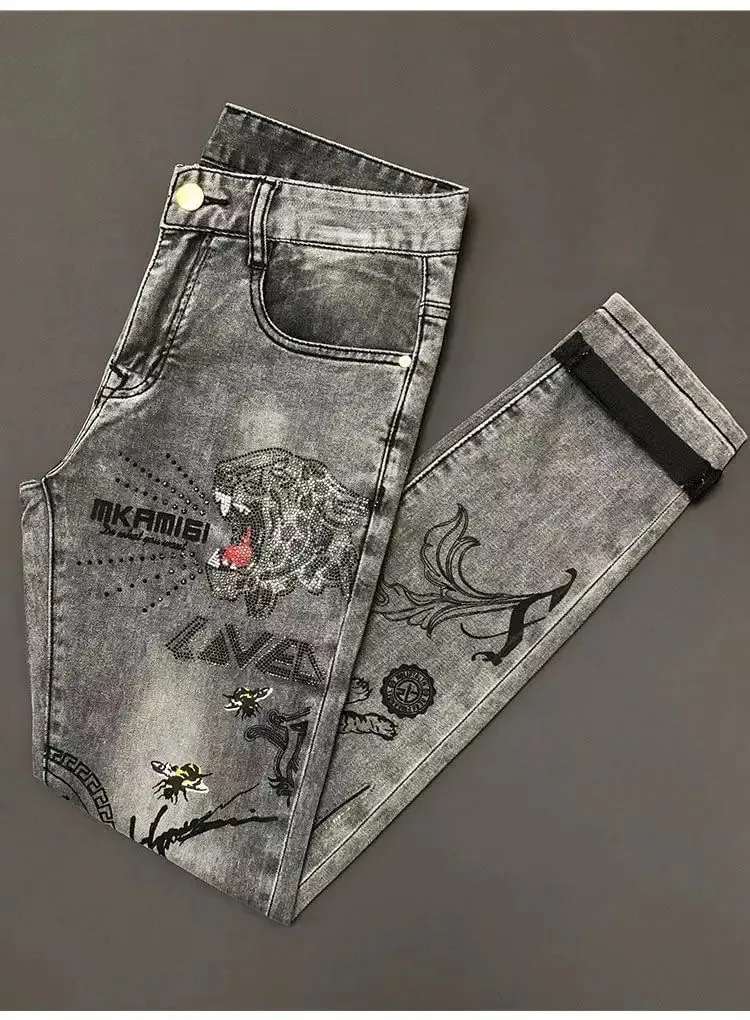 High-end Hot Diamond Jeans Men's Spring and Autumn Tide Brand Slim-fitting Small Feet Tiger Print Gray Casual Men Trousers Man — image 9