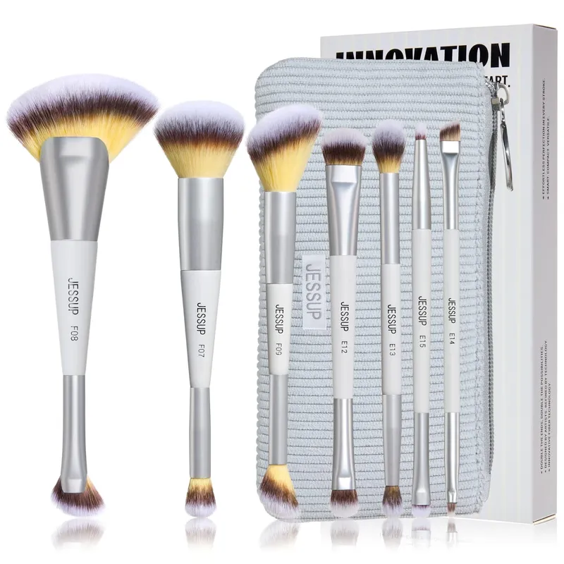 Jessup Make-up-Pinsel-Set, 3/7-teilig, Dual-Ended Synthetic Foundation Blush Highlight Blending Augenbrauenpinsel mit Tasche, Quiet Grey T520