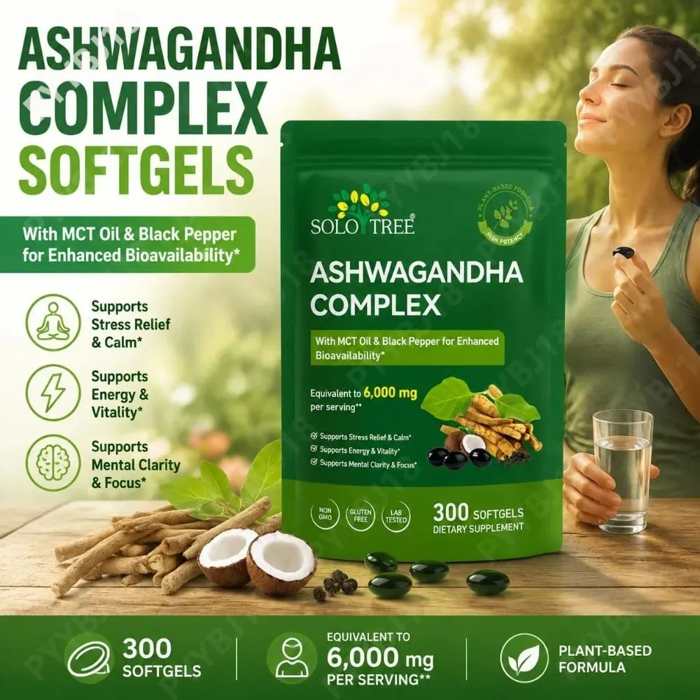 Solo Tree Ashwagandha Complex Softgels Supports Stress Relief Calm Mental Clarity Focus with MCT Oil & Black Pepper 300 Softgels — image 2