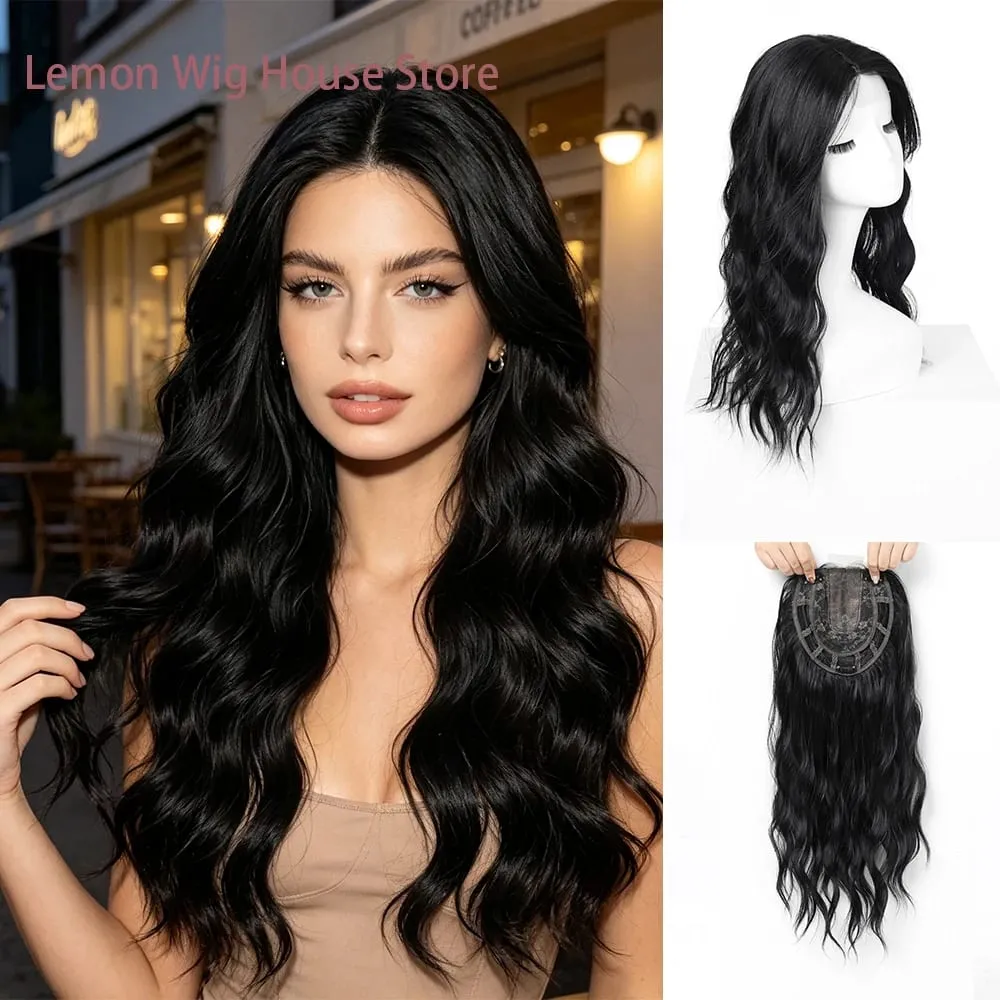 20 Inch Synthetic Long Wave Hair Topper Lace Base Hairpiece Clip on Top Hair for Women Cover Thinning Hair Breathable Wig Piece