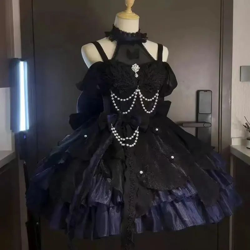 Gothic Red Lolita JSK Dress Women Spaghetti Strap Ruffle Tulle Skirt Chain Bow Decor High Low Hem Vintage Princess Party Dress