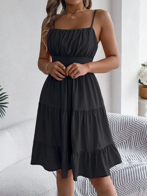Casual Vacation Ruffled Camisole Dress Spring Summer Women's Solid Dresses For 2026 Valentine's Day Woman Clothing Pink Blue — image 9