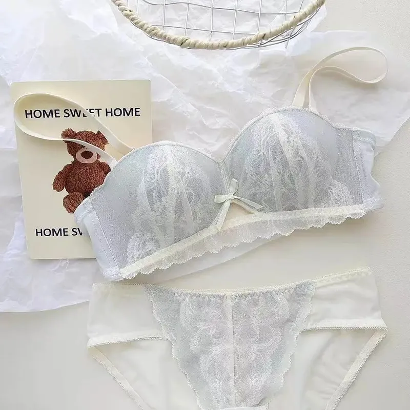 French Lace Half Cup Bra Set Wireless Push Up Small Breast Enhance Lift Anti Sagging Comfort Sexy Lingerie Set for Women