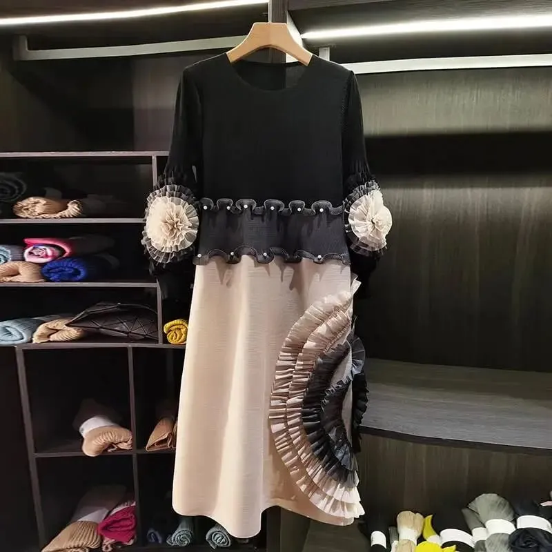 Pleated Tie Flower Long Sleeve Women's Dress Chic New Loose Colorblock Patchwork Design Beading Famale Clothing 2DB6651