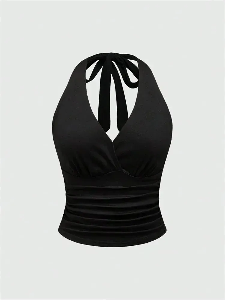 Solid V-neck Backless Halter Crop Top for Women Summer Sexy Y2K Sleeveless Ruched Top Streetwear