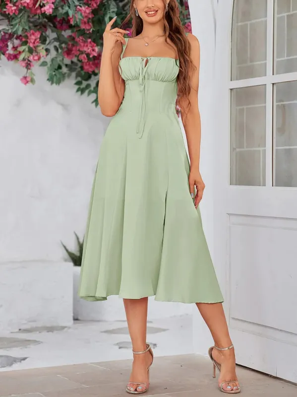 New Summer Fashion Women's Dresses Solid Square Neck Cami Ruched Corset Waist Midi A-Line skirts Elegant Summer Party Dress Y2K — image 11