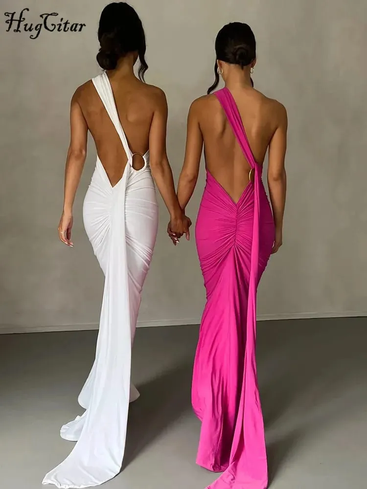 Hugcitar Eine Schulter, rückenfrei, verstellbar, mit Schal, Schleife, gerafft, sexy Maxikleid, 2025, Damen, elegantes Y2K-Streetwear-Festival-Outfit