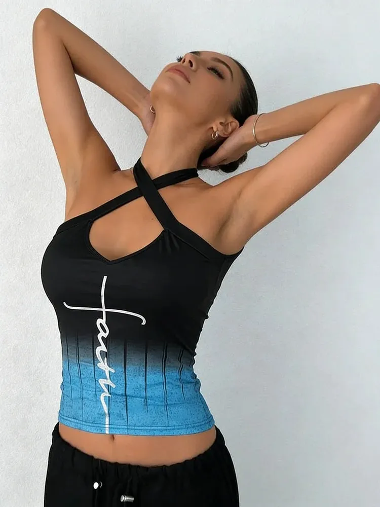Women's Tank Top Spring Summer Black Blue Gradient Halter Cross V Neck Cutout Handwritten Letter Slim Cropped Chic Daily Casual