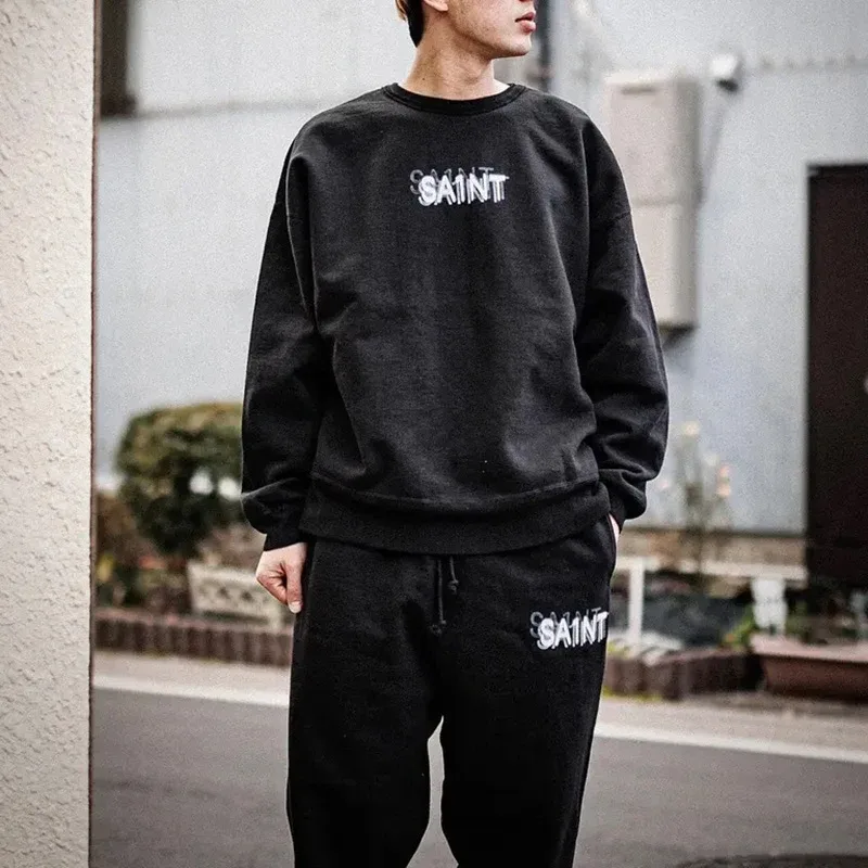 Autumn Winter Classic Overlapping Logo Print Saint Sweatshirts Men Women Couple Colorful Letters Graffiti Washed Black Pullovers — image 2