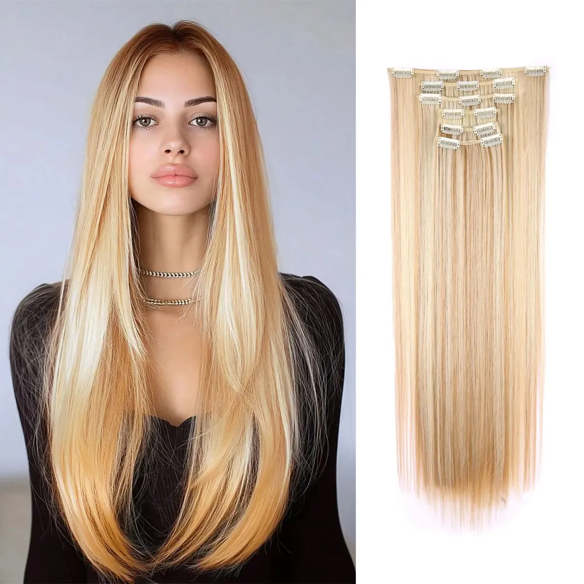 Synthetic Clip in Hair Extensions Clip in 6pcs set Straight Hair 22inch Thick Hairpieces for Women Girls Daily Party — image 19