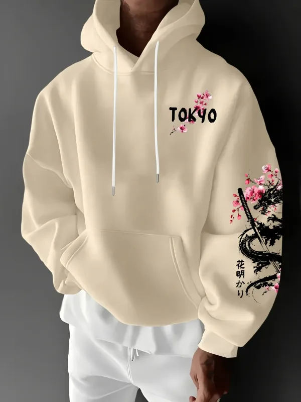 เสื้อสวมหัวมีฮู้ดพิมพ์ลายดอกซากุระลายมังกรสไตล์อะนิเมะสำหรับบุรุษเพื่อความอบอุ่นในฤดูหนาวสไตล์หลวมและลำลอง