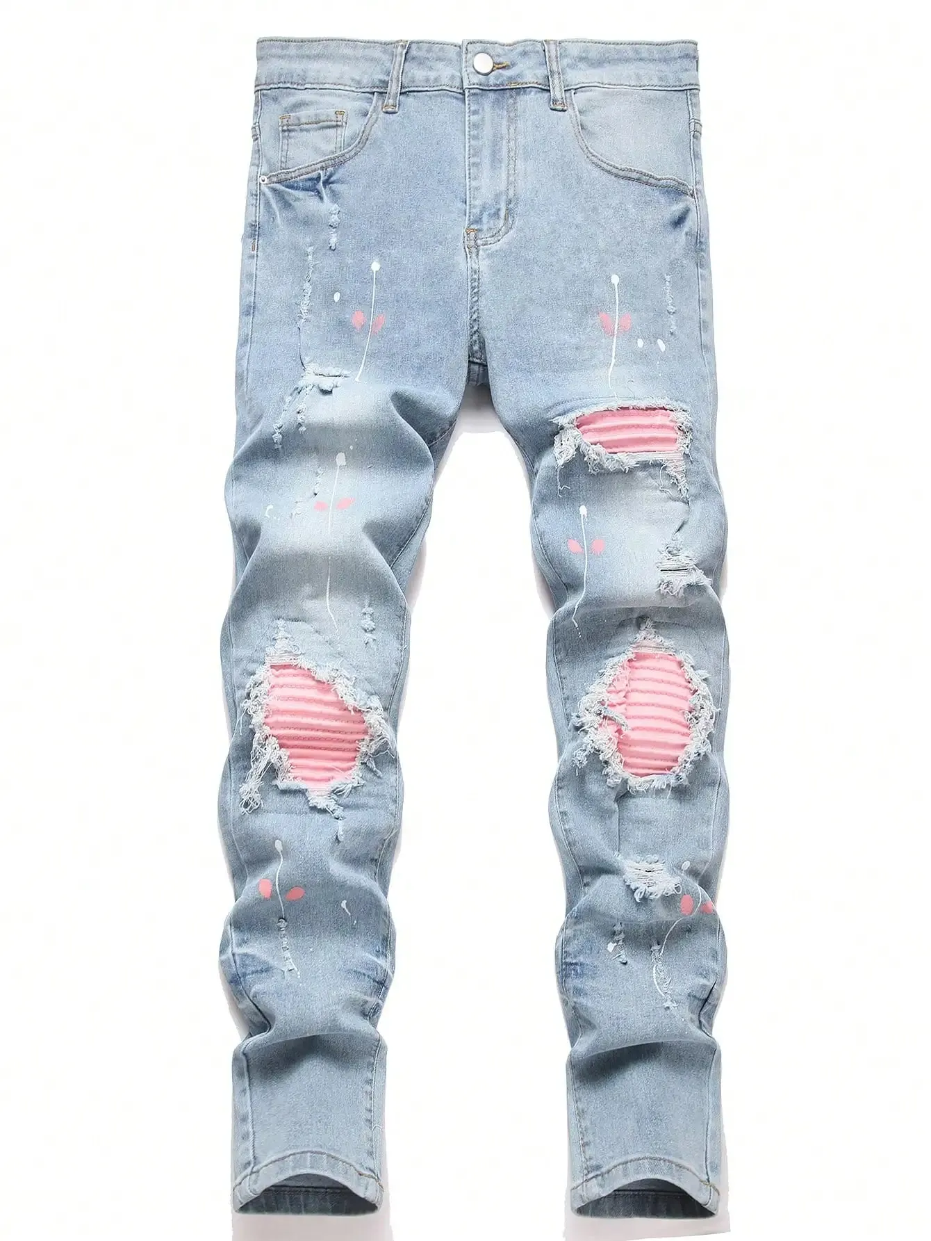 High Stretch Men Distressed Denim Jeans Ripped Hole Pink Biker Patches Paint Slim Fit Denim Trousers Casual Street Hip Hop Pants — image 8