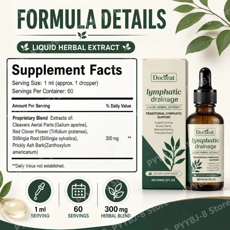 Lymphatic Drainage Drops 60ml Supplement Help Bloat Relief & Immune System Health with Cleavers Red Clover and Stillingia Root