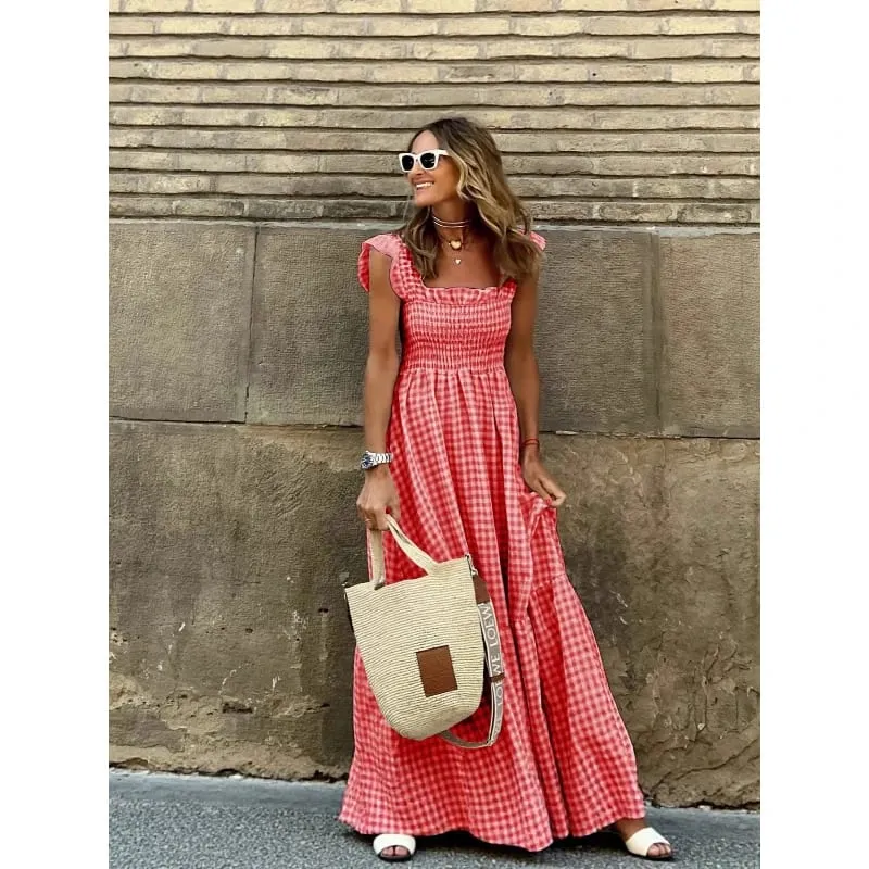 Elegant Temperament Plaid Patchwork Slip Boho Dress Summer Ruffle Backless Pleated Elastic Waist Swing Loose Party Dresses — image 4