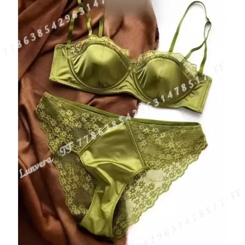 Sexy Satin Half Cup Bra Set with Steel Ring Thin Comfortable Upper Support Green Lace Edge Glossy Lingerie for Women