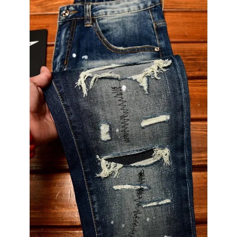 High end nostalgic jeans for men slim fit with small holes patches scraped inkjet street trend elastic retro denim pants — image 3