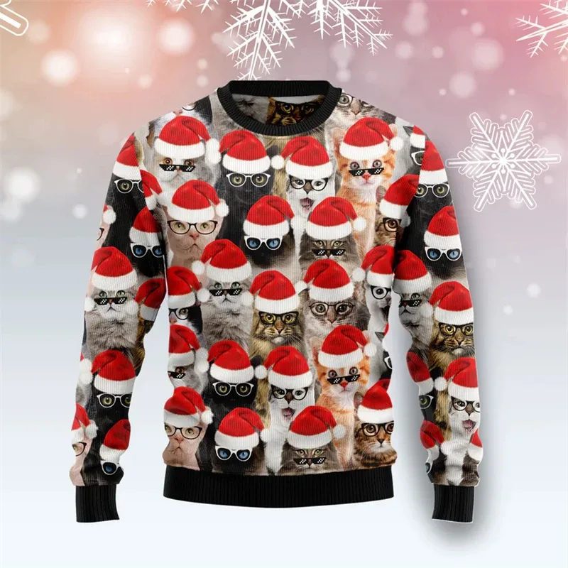 2026 New Funny Cat Pattern Ugly Christmas Sweater Fashion Autumn Crewneck 3D Printed Xmas Sweatshirts Casual Oversized Pullovers