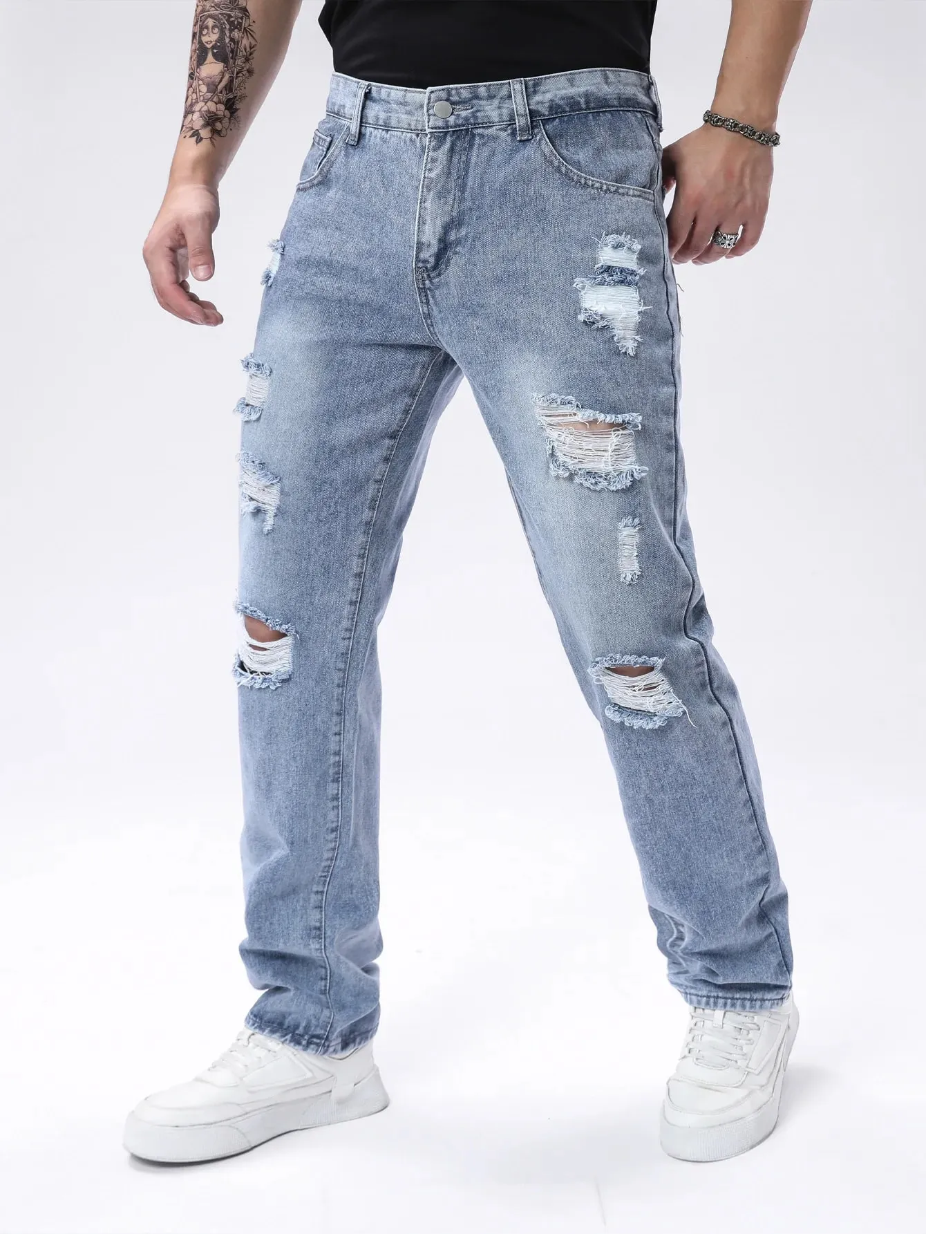 Light Blue Washed Ripped Frayed Denim Jeans For Men Non Stretch Straight Leg Loose Baggy Distressed Pants Vintage Y2K Hip Hop Da