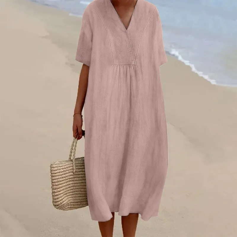 Women Casual Solid Dress Short Sleeve V Neck Pocket Dress Long Loose Dress Dresses for Women Party Casual