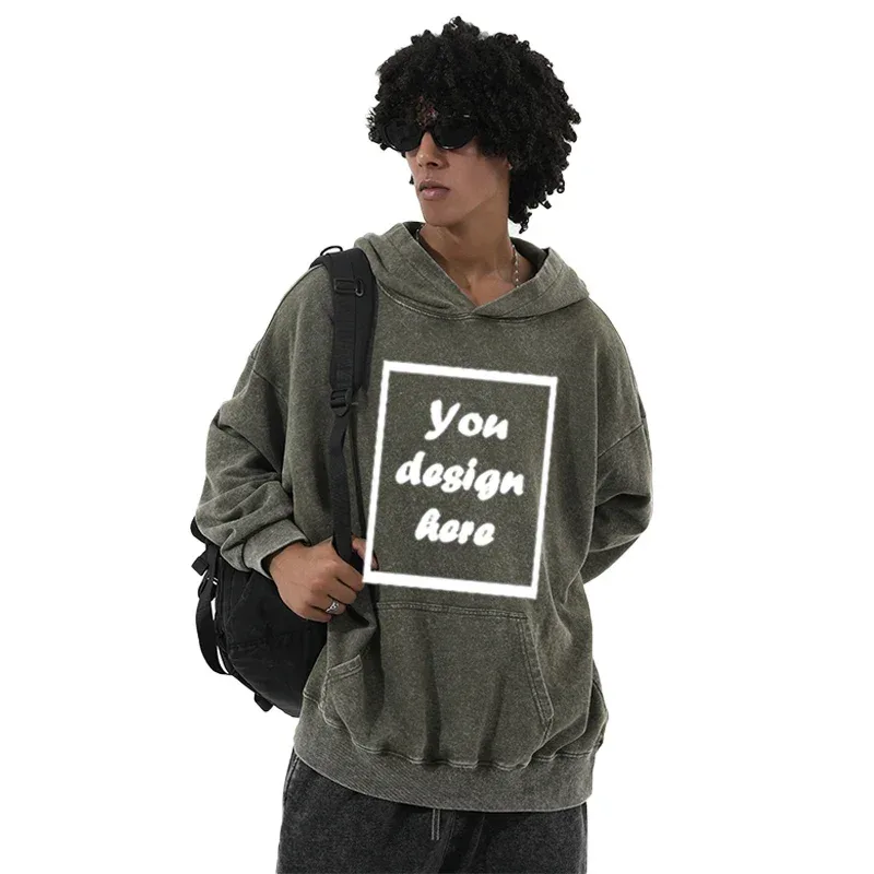 Men's personalized custom-printed washed vintage hooded warm sports wear thick 350 grams comfortable and warm.