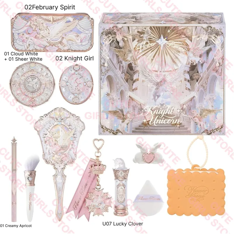 Flower Knows Knight Unicorn Collection Mini All-In Gift Set- with Lipstick Blush Eyeshadow Powder Lip Liner Mirror & Tools