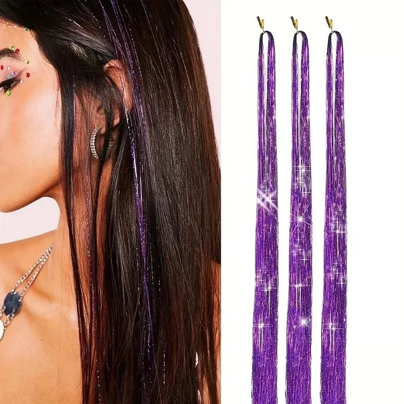 90cm Synthetic 3pcs/set Rainbow Colored Shiny Hair Laser Tinsel Long Straight Heat-Resistant Fairy Hair Extensions Party Daily