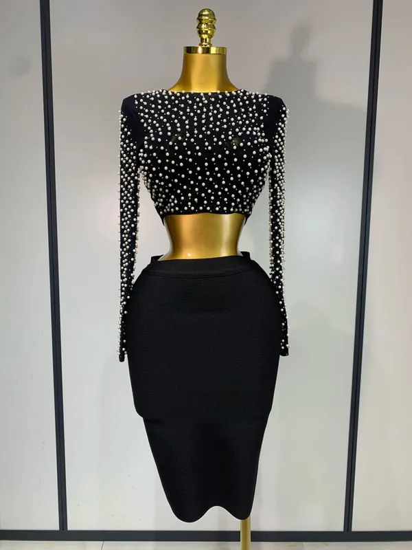 Dámské Sexy Síťovina s dlouhým rukávem Perleťový Top Celebrity Midi Dámská Bandáž Set 2025 Designer Evening Party Luxusní dvoudílná sada k narozeninám