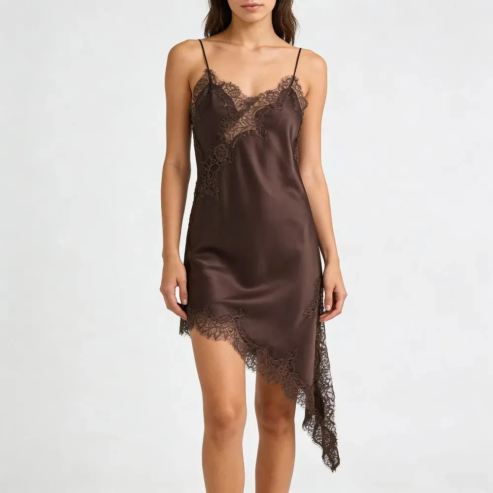 Summer New Fashion Women's Dresses Satin Lace Slip Sexy Asymmetrical Hem Nightgown Casual Party Dresses Wear Y2k Clothes
