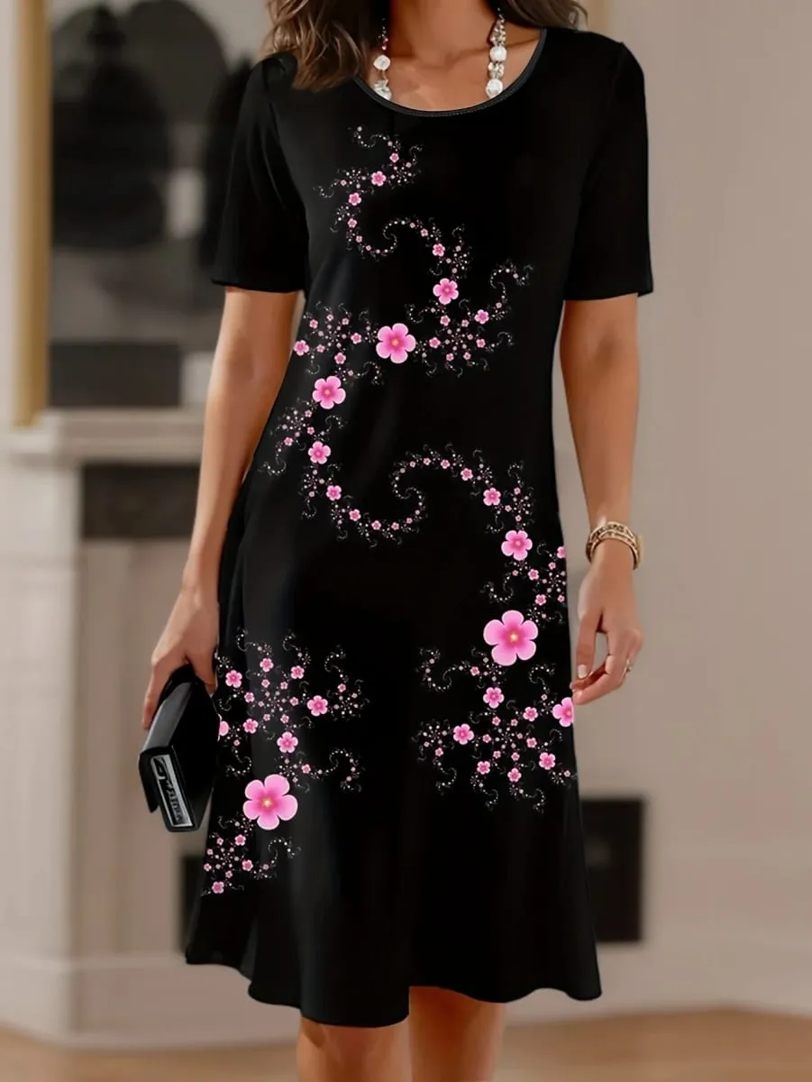 Women's Elegant Casual Floral Print Dress Black with Pink Flowers Dresses Woman Summer Women's Short -Sleeved Y2k Ladies Clothes