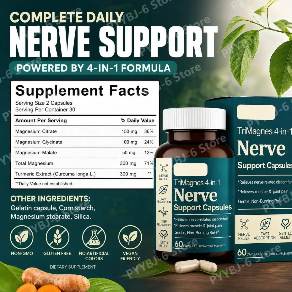 Magnesium Citrate Glycinate Malate Capsules with Turmeric Extract Supports Nerve Health Muscle Relaxation Sleep Wellness 60 Ct