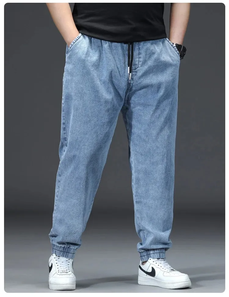 Men's Elastic Waist Loose Straight Jogger Jeans Plus Size Cuffed Ankle Denim Pants pantalones hombre Casual Trousers
