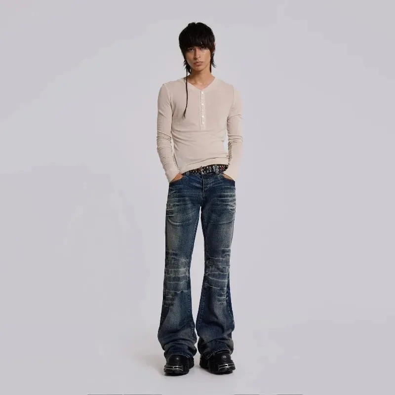 Y2K Vintage Flared Jeans Mid Blue Washed Men Women Bootcut Jeans American Hip Hop Distressed Streetwear Unisex Wide Leg Pants