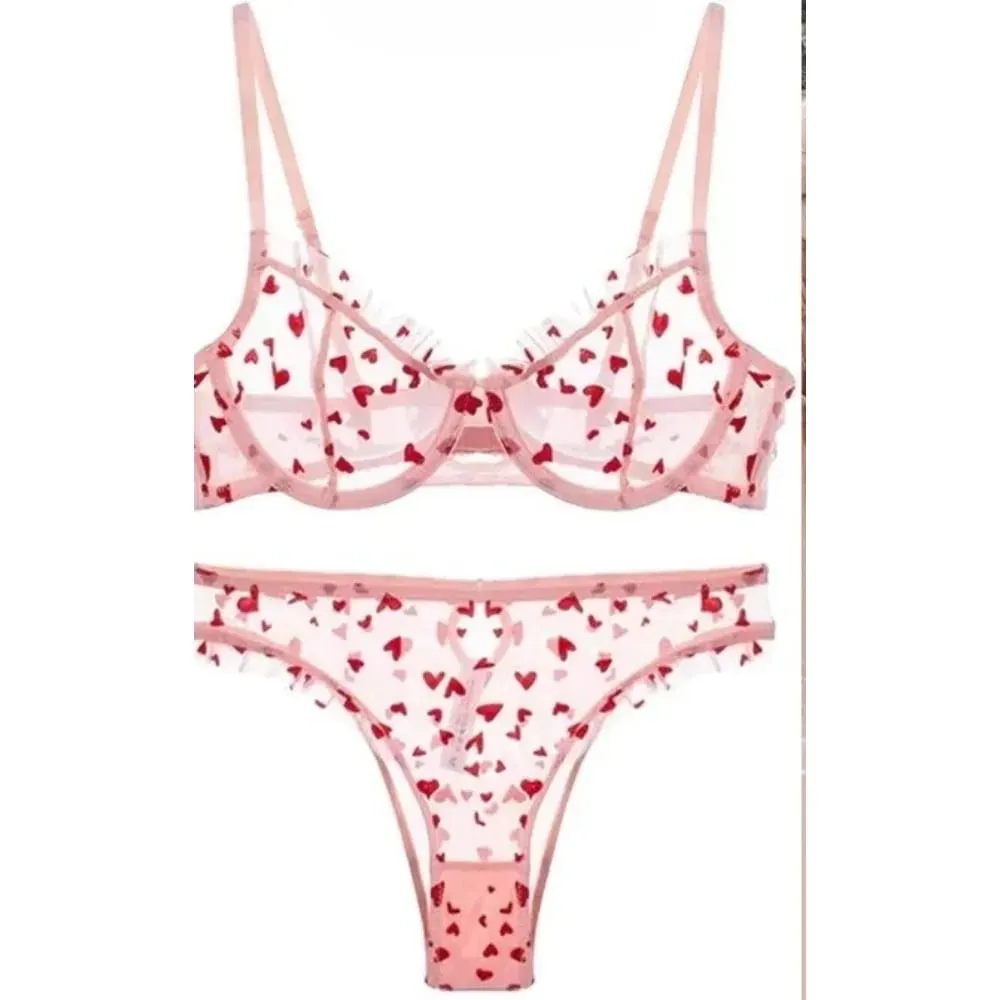 Women Heart Pattern Lace Underwire Bra Set Light Mesh Support Daily Intimates Lingerie Underwear Size 32‑38AB Women