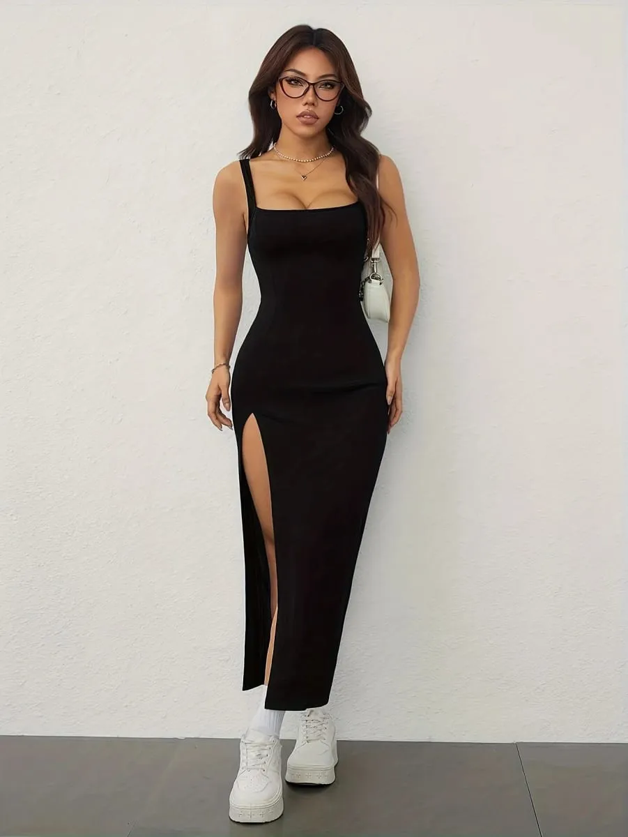 Women's Spring/Summer Sexy Elegant Square Neck Off-Shoulder Backless Split Hip Strappy Dress