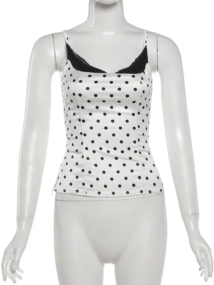 Weird Puss Sexy Lace Patchwork Camisole Women Trend Chic Polka Dot Print Square Collar Skinny Y2K Hottie Street Party Club Vest — image 6