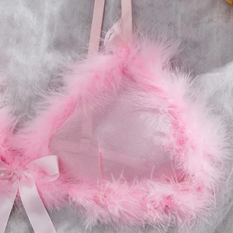 Furry Women's Underwear Wireless Mesh Transparent Lingerie Set Bow Decor Romantic Intimate Bra Panties Suit Intimate Moments — image 5