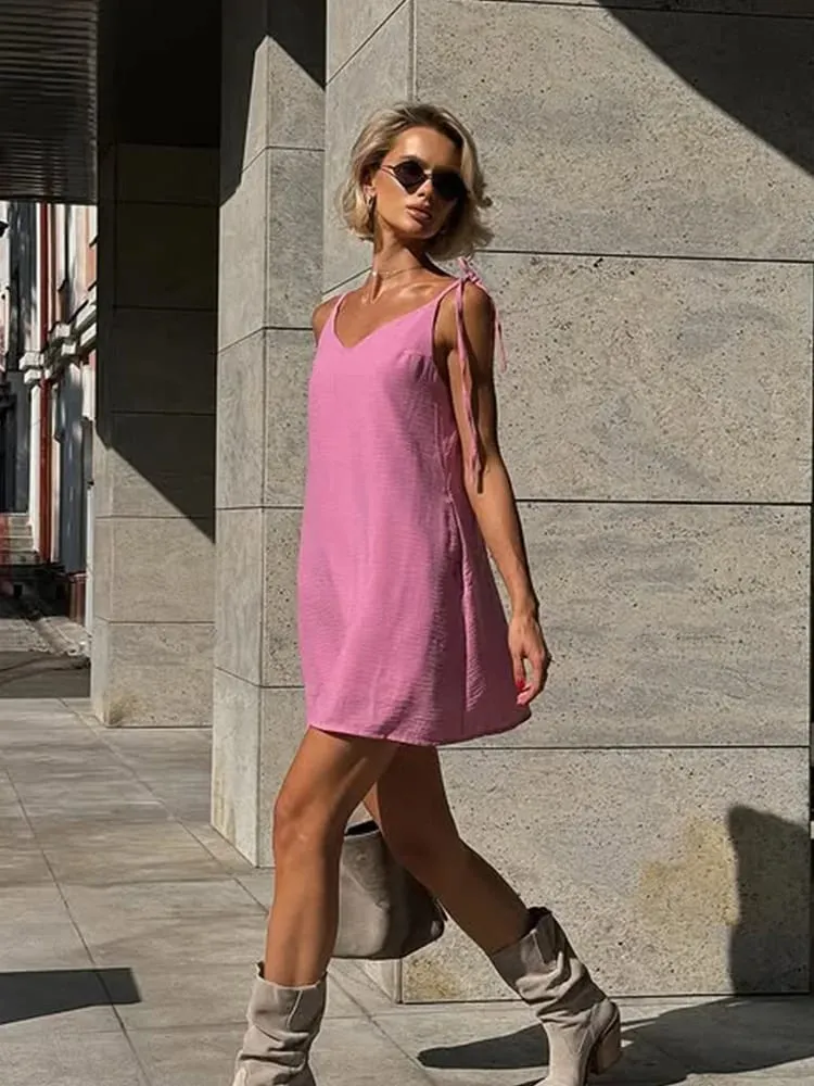 Ahagaga moda feminina vestidos sólidos cintas bandagem regular causal com decote em v sem mangas verão camisola solta doce femlae vestido — image 4