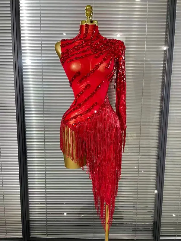 Black Red Women Sexy One Shoulder Shinning Crystal Sequins Tassels Bodycon Mid-calf Dress Nightclub Party Bar Dancer Costumes