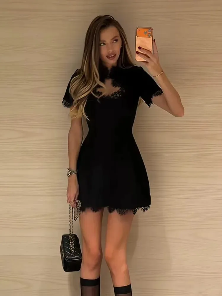 Tossy Black Lace Hollow Out Mini Dress Female Patchwork Short Sleeve Sexy High Waist Party Dress Women's Casual Printed Dress — image 2