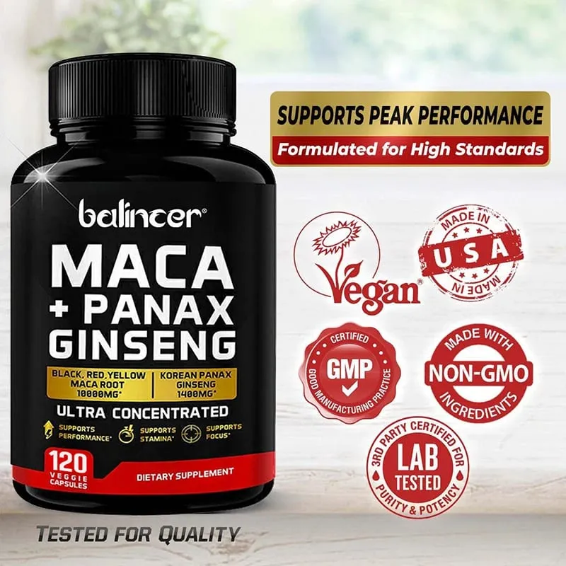 Maca & Ginseng Capsules 10000mg (Yellow+Red+Black) Extract Strength Endurance Muscle Mass Energy & Muscle Support