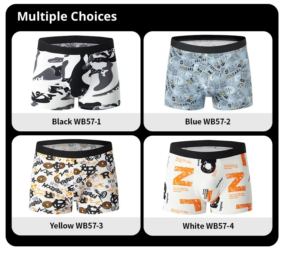 Sous-vêtements imprimés MODE HOMMES 4 pièces Boxers respirants à l'entrejambe pour adolescents Sous-vêtements confortables grande taille jusqu'à 6XL.