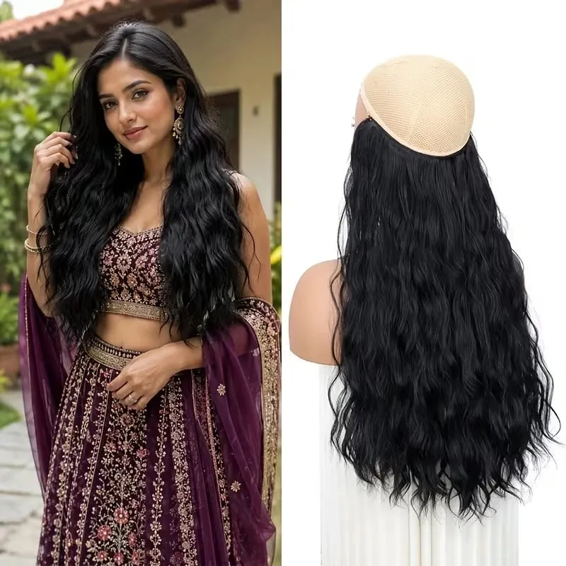 18Inch Synthetic Invisible Fish Line Hair Extensions Long Curly Wavy High Temperature Fiber Hairpiece for Women Daily Party