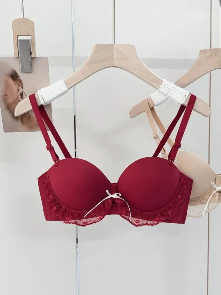 Red Half-Cup Lace Bra Set for Small Chests Adjustable Support Anti-Sagging Push Up Sexy Lingerie Set Women Birthday Gift