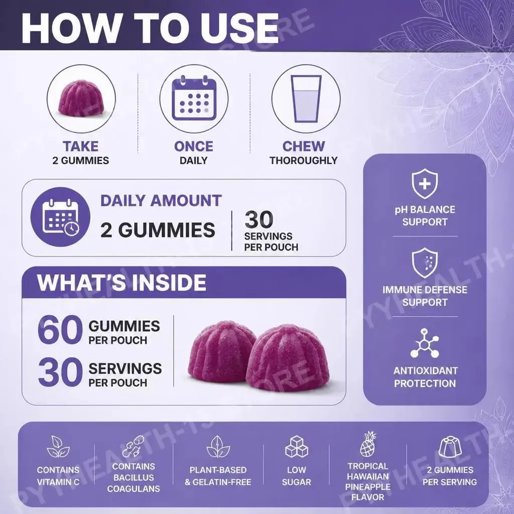 Vaginal Health Gummies PH Balance Support with Vitamin C and Pineapple Fruit Powder Gelatin-Free Daily Wellness 60 Gummies