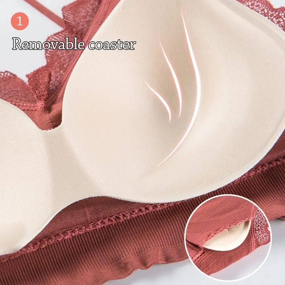 1Set Casual Lace Women Seamless Bra Set V-Neck Breathable Lingerie Set Comfortable with Bra Pads Underwear Set