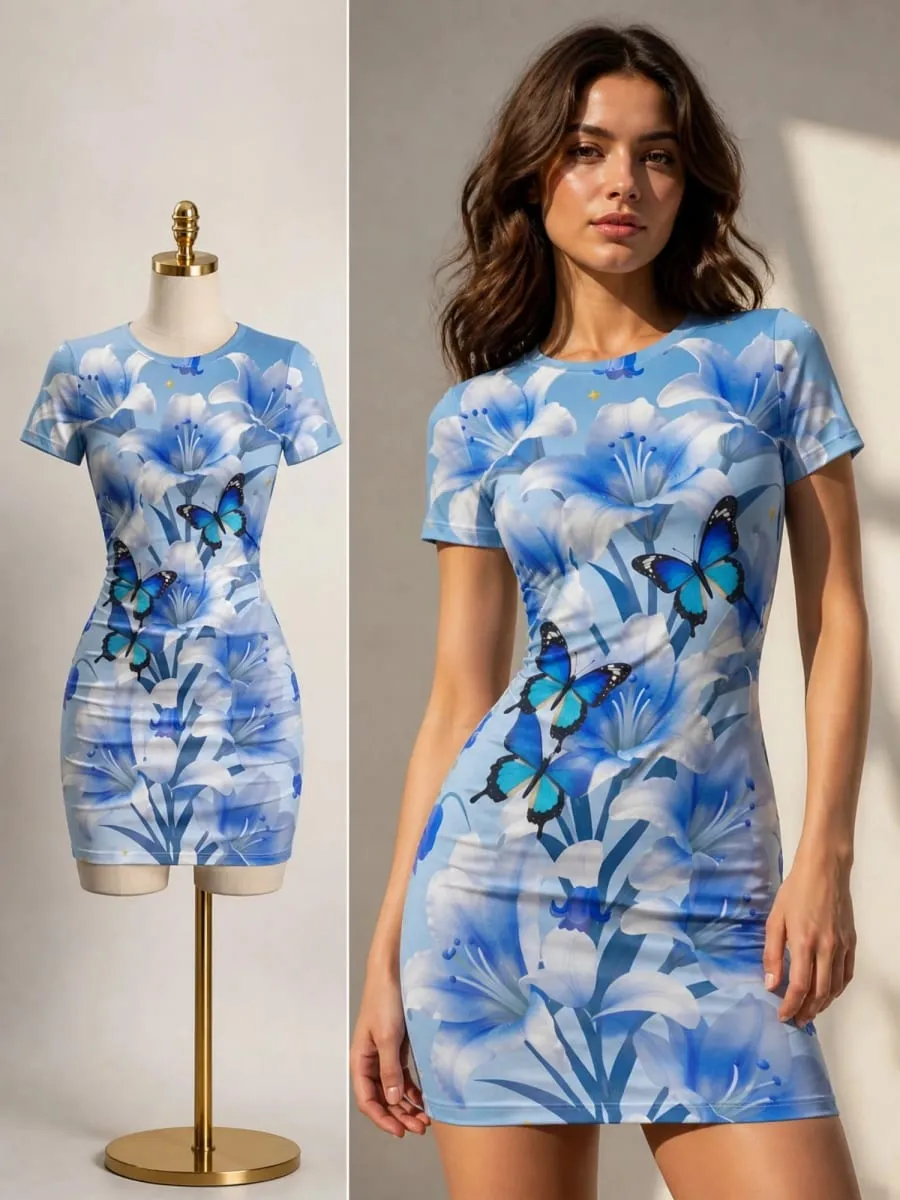 Womens Short Sleeve Bodycon Mini Dress Slim Fit Crew Neck Floral Print Casual Summer Party Cute Elegant Travel Vacation Sundress