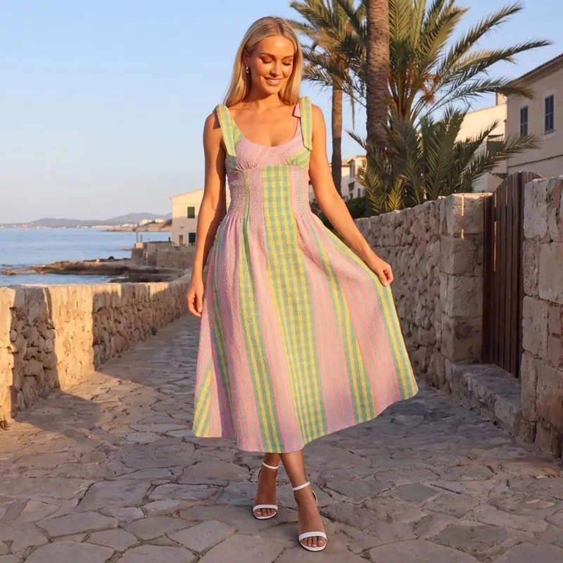 Women Summer Sleeveless Dress Striped Print Tie up Strap Backless A-Line Dresses with Pockets for Beach Vacation Party
