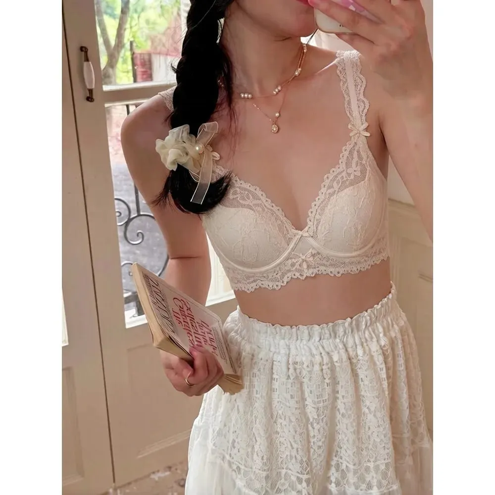 المرأة الفرنسية رفرفة كم الدانتيل مجموعة الملابس الداخلية لينة Underwire رقيقة كوب تنفس مثير الجمال الظهر مينيزر الصدرية 32 ‑ 38