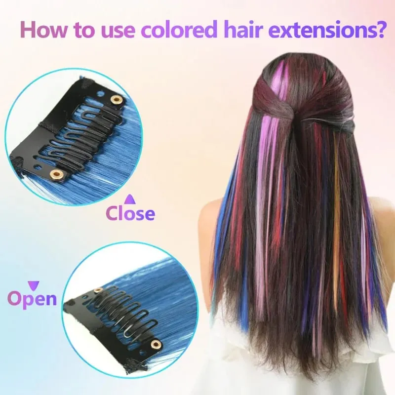 1 5 11 Pcs/lot Clip in Hair Extensions Multi-Colors Highlights Synthetic Hair 22 inch Rainbow Hairpieces for Girls Women 2030